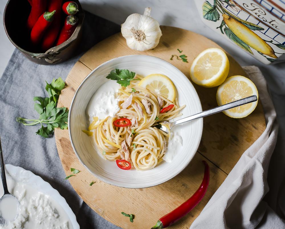 Spaghetti With Tuna, Lemon And Creamy Stracciatella Cheese