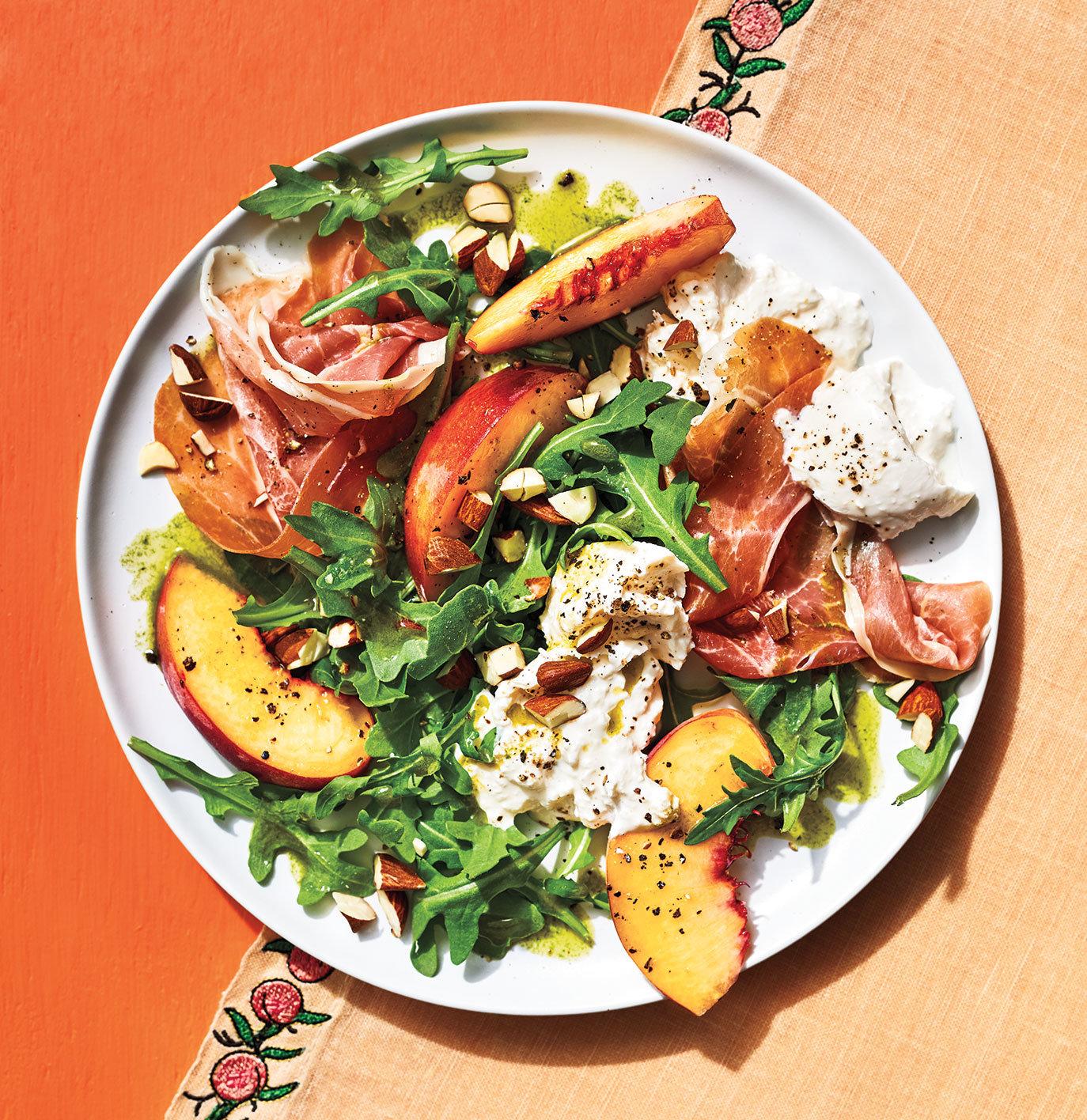 Grilled Peaches Arugula and Ham with Fresh Burrata Salad