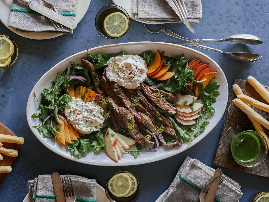 Beef Steak with Fresh Peaches and Burrata