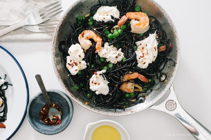 Squid Ink Pasta with Burrata and Shrimps